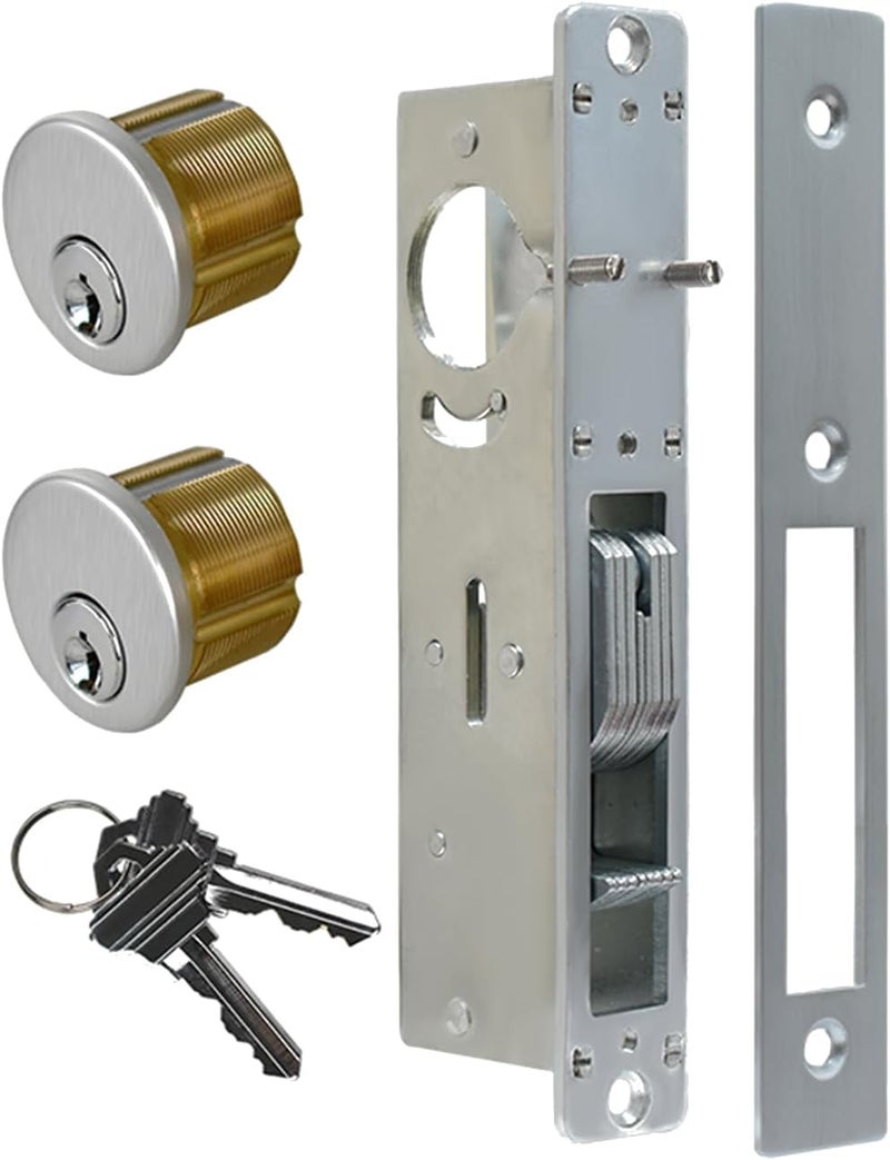 AIsecure Storefront Door Mortise Lock Set, Commercial Aluminum Storefront Mortise Lock with Hook Deadbolt & Solid Brass Double Cylinder, Storefront Entry Door Lock, 1-1/8" Backset, Silver - Image 1